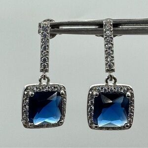 Silver Plated Blue Crystal Drop Earrings Square Halo Dangle Elegant New